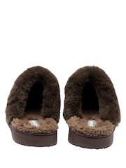 Dunlop Brown Fur Trim Mule Slippers - Image 3 of 4
