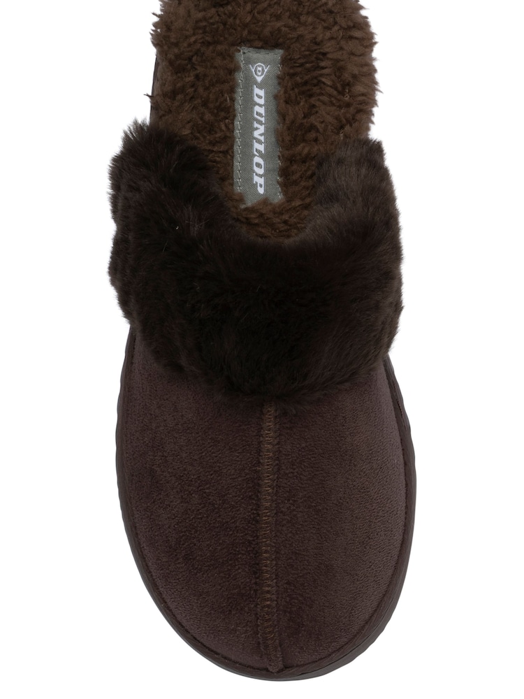 Dunlop Brown Fur Trim Mule Slippers - Image 4 of 4 Dunlop Brown Fur Trim Mule Slippers - Image 4 of 4