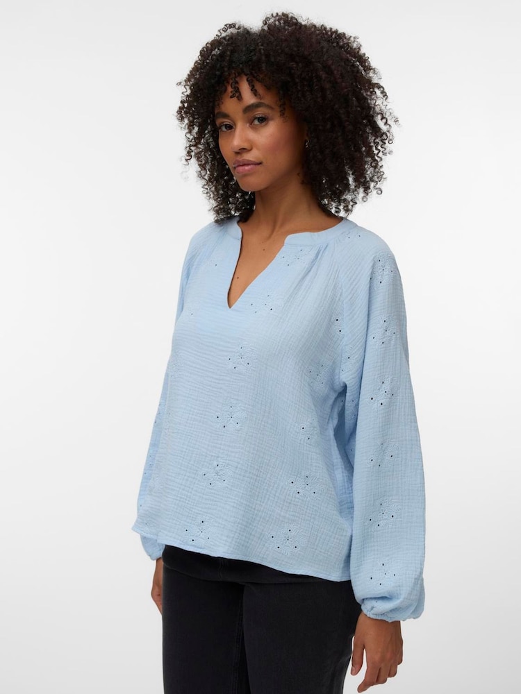 VERO MODA Blue Long Sleeve V-Neck Broderie Detail Top - Image 1 of 5 VERO MODA Blue Long Sleeve V-Neck Broderie Detail Top - Image 1 of 5
