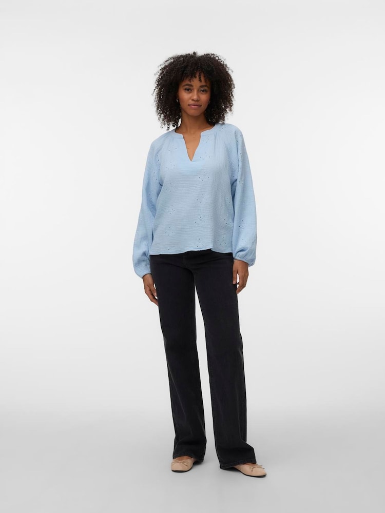 VERO MODA Blue Long Sleeve V-Neck Broderie Detail Top - Image 2 of 5 VERO MODA Blue Long Sleeve V-Neck Broderie Detail Top - Image 2 of 5