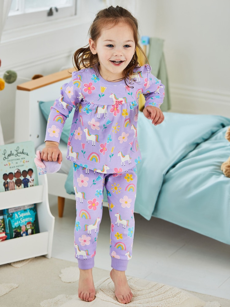 JoJo Maman Bébé Lilac Girls' Unicorn Glow-In-The-Dark  Pyjamas - Image 1 of 9