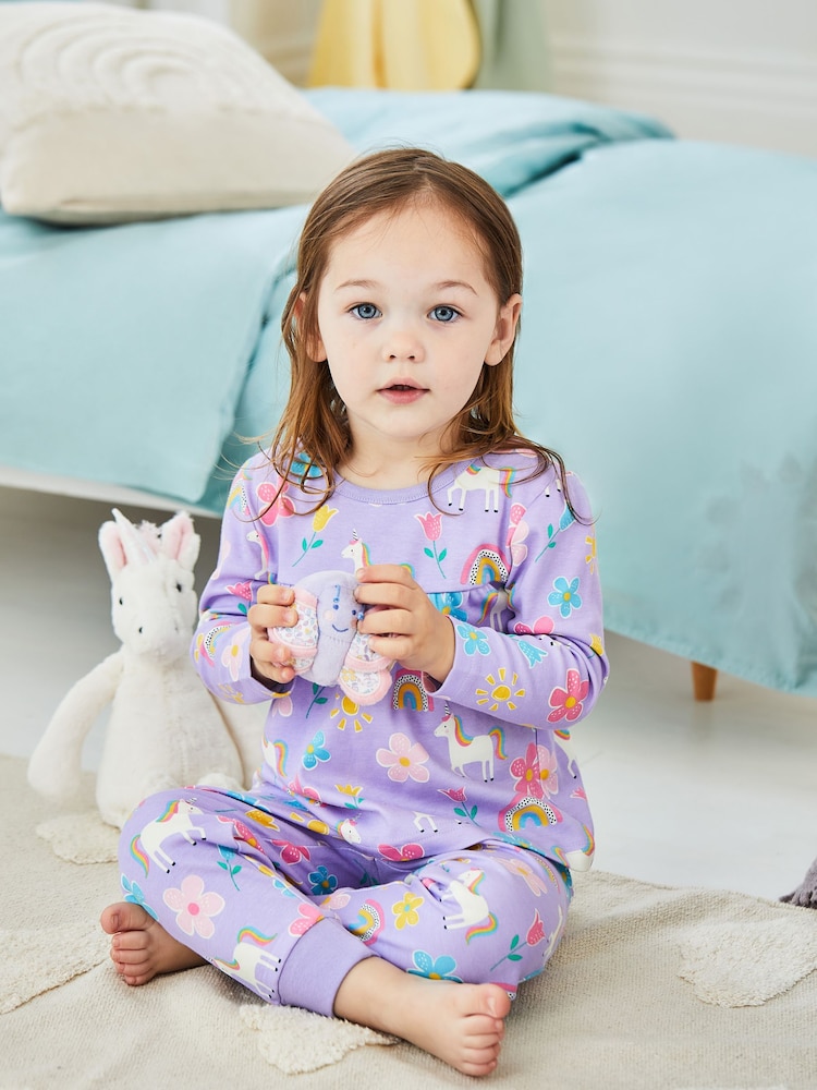 JoJo Maman Bébé Lilac Girls' Unicorn Glow-In-The-Dark  Pyjamas - Image 2 of 9