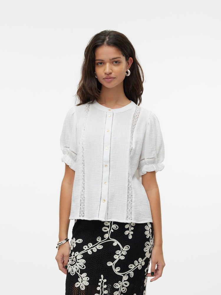 VERO MODA White Button Through Lace Trim Short Sleeve Top - Image 1 of 5 VERO MODA White Button Through Lace Trim Short Sleeve Top - Image 1 of 5
