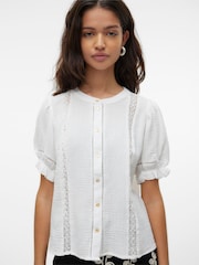 VERO MODA White Button Through Lace Trim Short Sleeve Top - Image 3 of 5