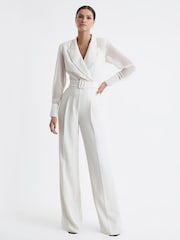 Reiss Ivory Flora Sheer Belted Double Breasted Jumpsuit - Image 4 of 6