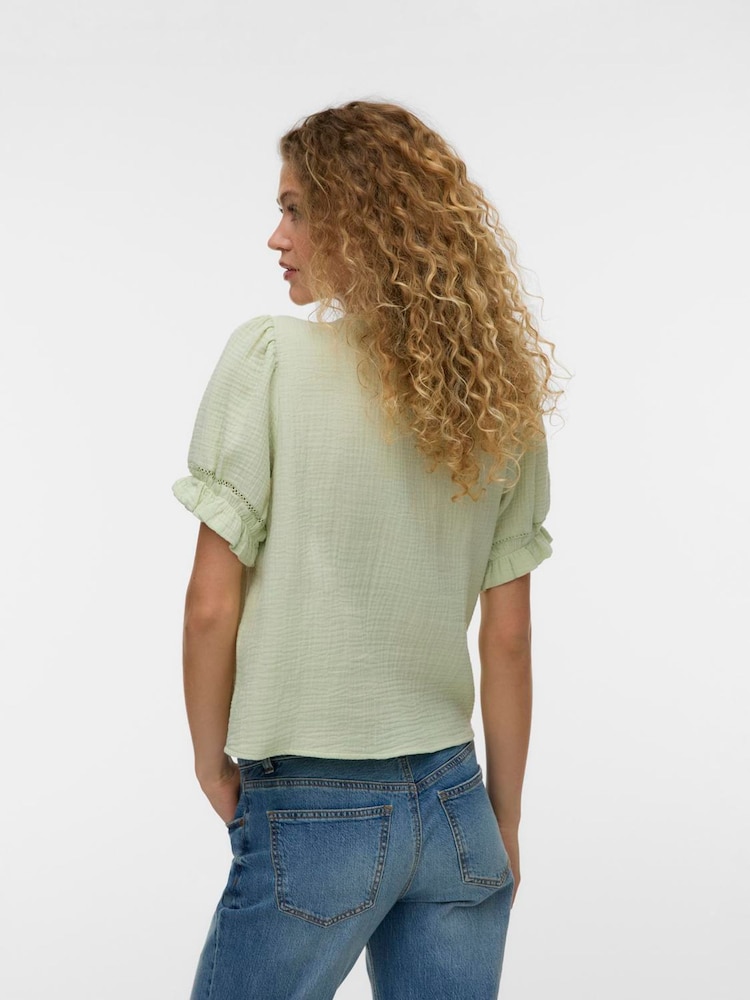 VERO MODA Green Button Through Lace Trim Short Sleeve Top - Image 2 of 5 VERO MODA Green Button Through Lace Trim Short Sleeve Top - Image 2 of 5
