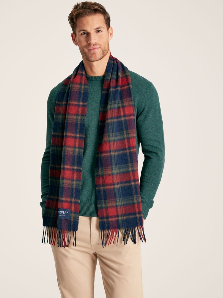 Joules Tytherton Red/Navy Check Wool Scarf - Image 1 of 5