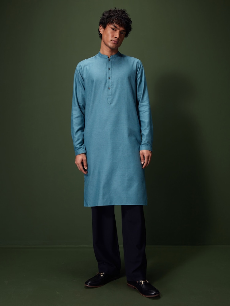 Bright Teal Blue Signature 100% Cotton Kurta - Image 2 of 4