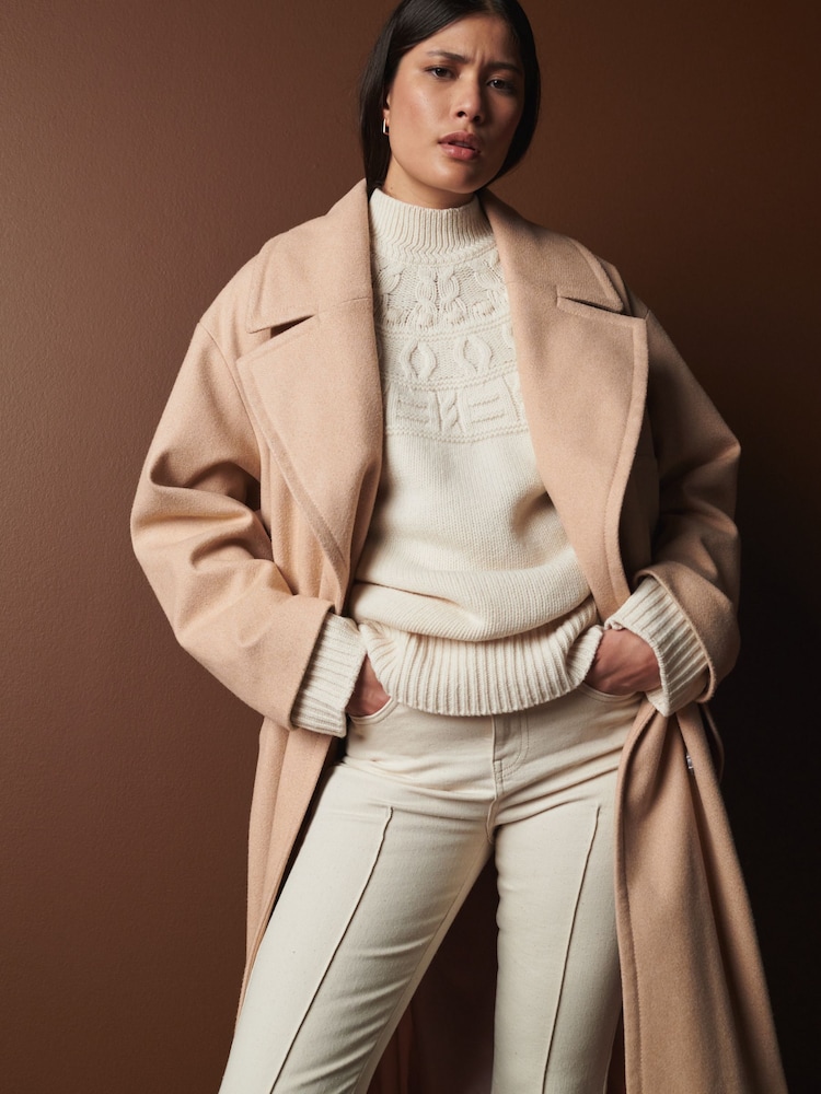 Neutral Mid-Length Coat with Detachable Faux Fur Collar - Image 1 of 12
