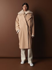 Neutral Mid-Length Coat with Detachable Faux Fur Collar - Image 2 of 12
