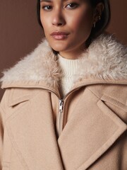 Neutral Mid-Length Coat with Detachable Faux Fur Collar - Image 7 of 12