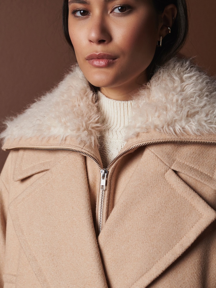 Neutral Mid-Length Coat with Detachable Faux Fur Collar - Image 7 of 12