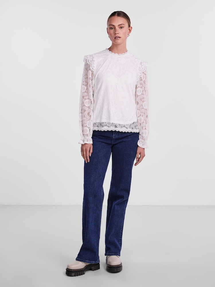 PIECES White Long Sleeve Lace Frill Blouse - Image 2 of 5