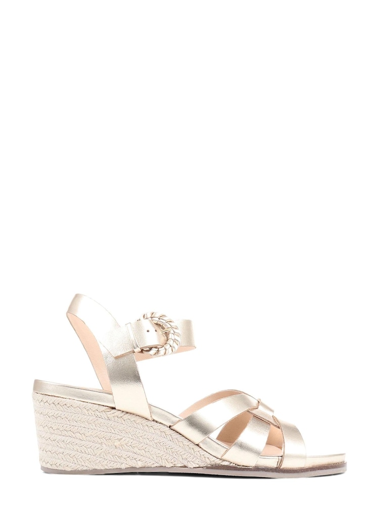 Jones Bootmaker Gold Loriana Leather Woven Wedge Sandals - Image 2 of 6