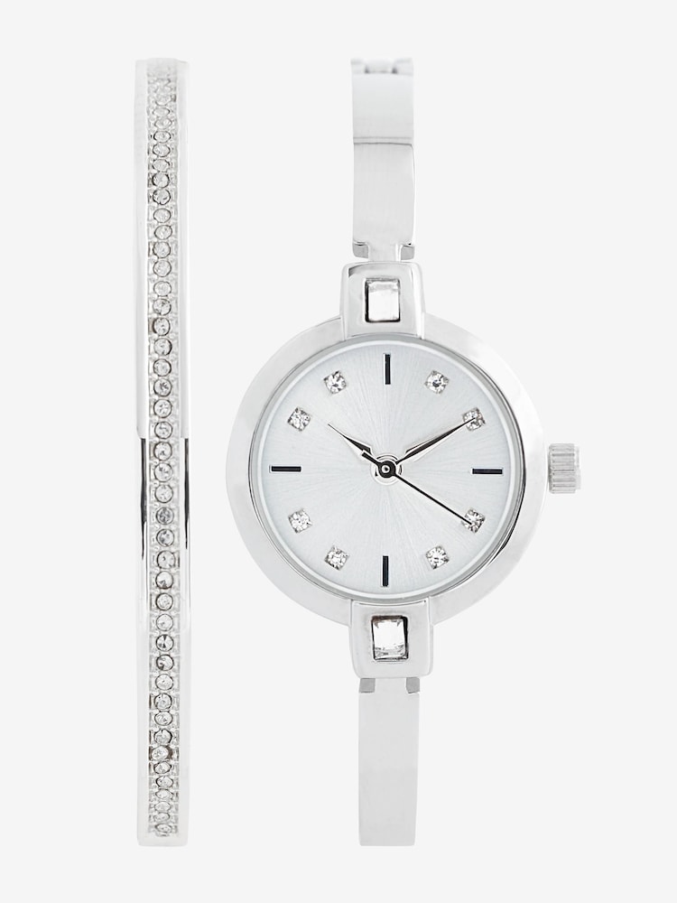 Silver Tone Sparkle Dial Watch And Bangle Set - Image 2 of 8
