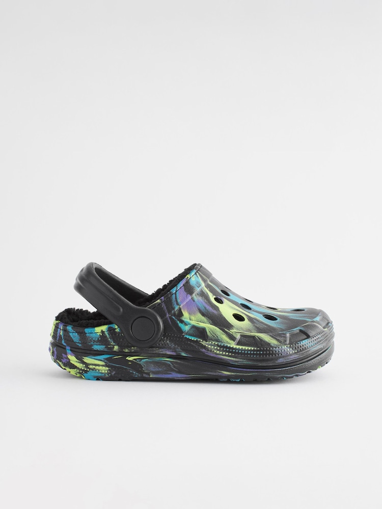 Black Multi Marble Faux Fur Lined Clog Slippers - Image 2 of 5