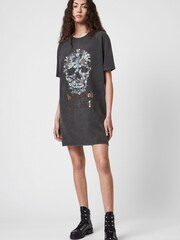 AllSaints Black Skull 100% Cotton T-Shirt Dress - Image 1 of 5