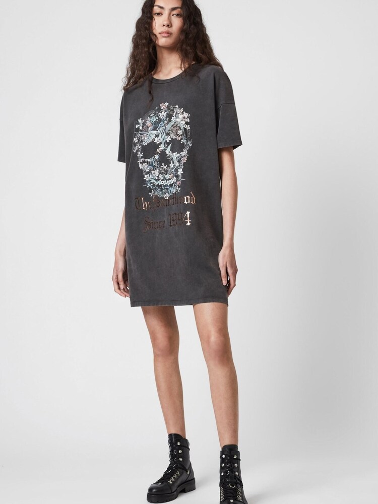 AllSaints Black Skull 100% Cotton T-Shirt Dress - Image 1 of 5