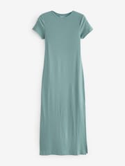 Blue Ribbed T-Shirt Style Column Maxi Dress With Slit Detail - Image 5 of 6