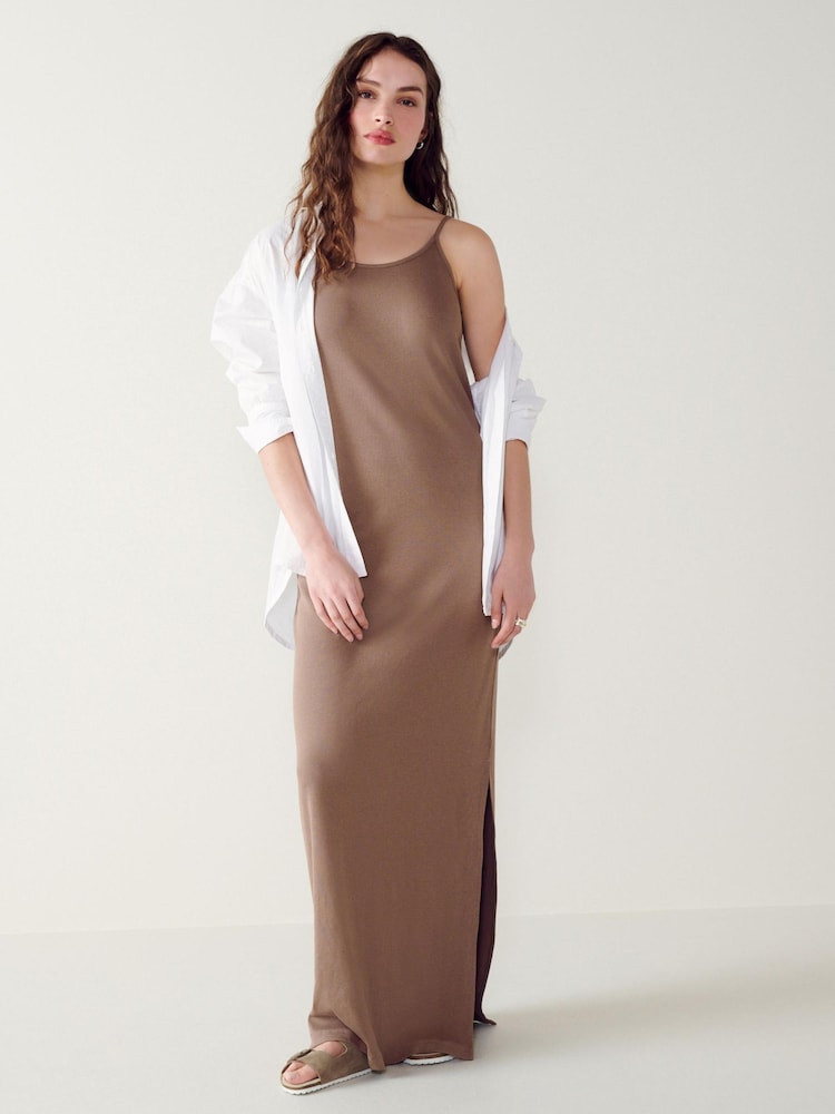 Taupe Brown Thin Strap Ribbed Maxi Dress - Image 1 of 4