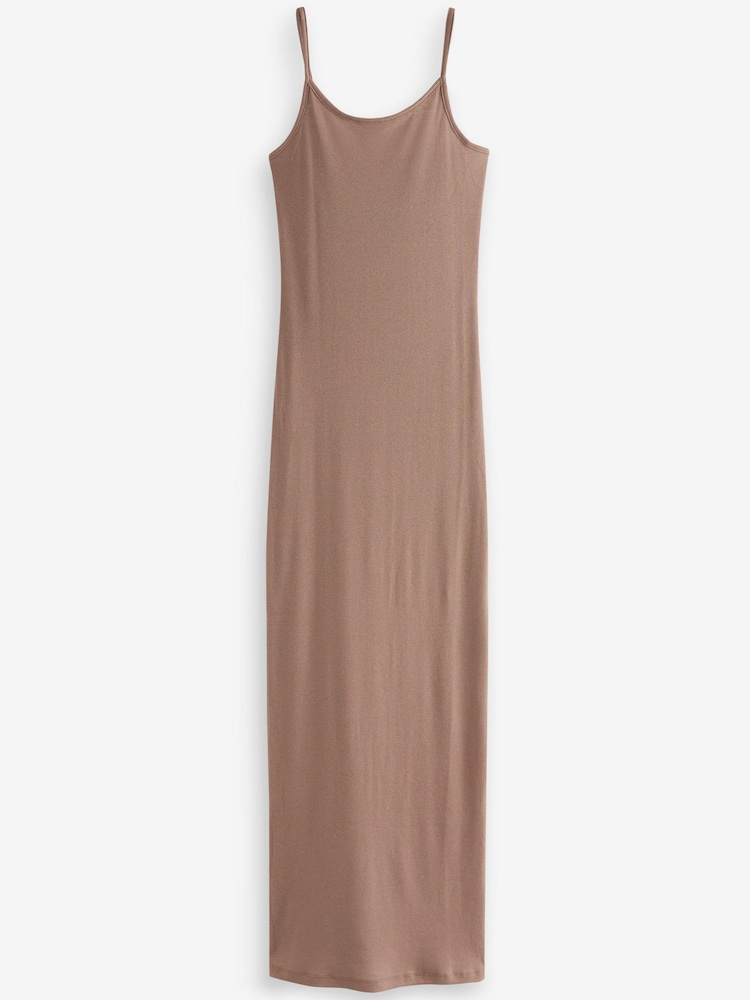 Taupe Brown Thin Strap Ribbed Maxi Dress - Image 4 of 4