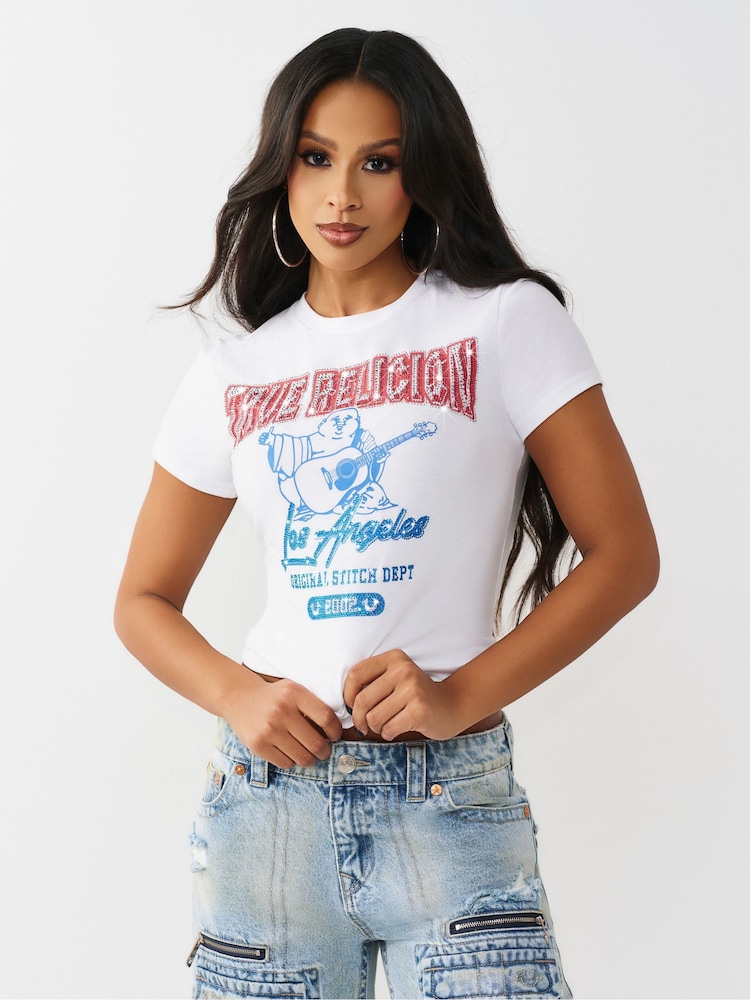 True Religion White Crystal Buddha Crew Neck T-Shirt - Image 1 of 4