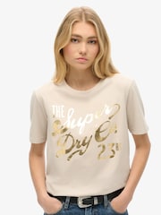 Superdry Off Grey 100% Cotton Luxe Metallic Logo Relaxed T-Shirt - Image 1 of 5
