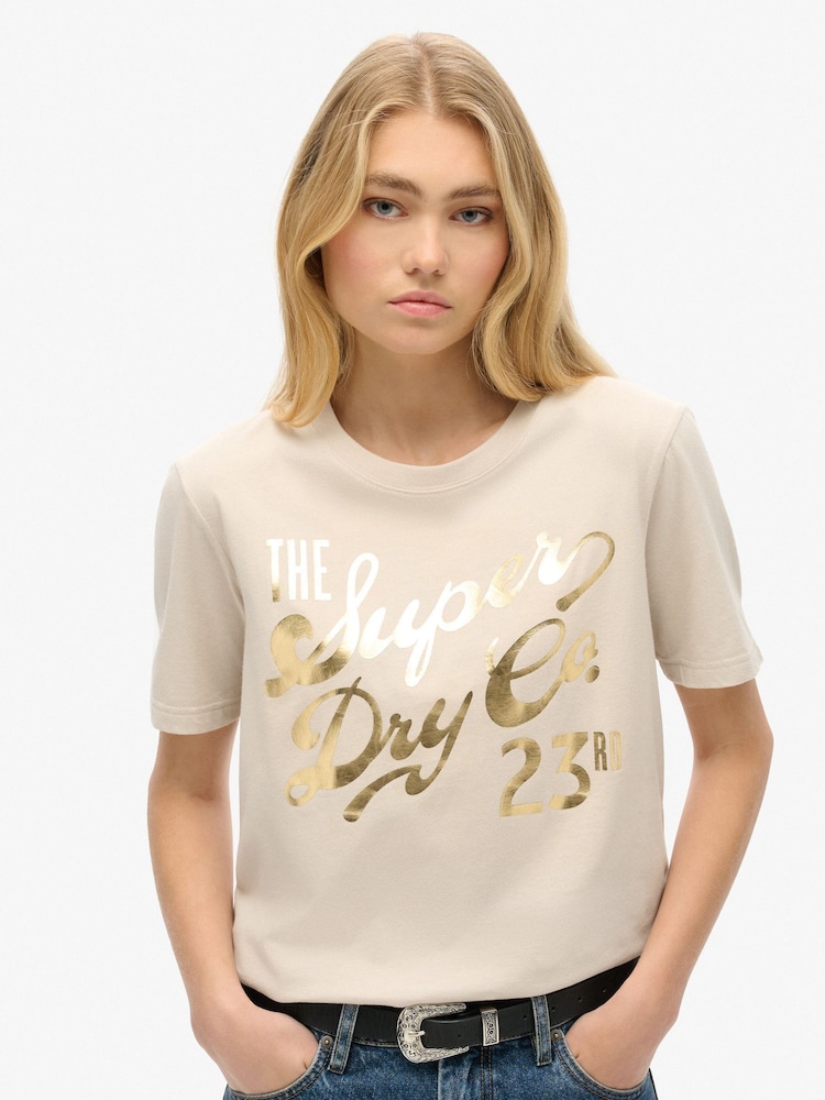 Superdry Off Grey 100% Cotton Luxe Metallic Logo Relaxed T-Shirt - Image 1 of 5