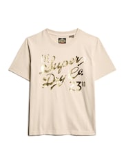 Superdry Off Grey 100% Cotton Luxe Metallic Logo Relaxed T-Shirt - Image 4 of 5