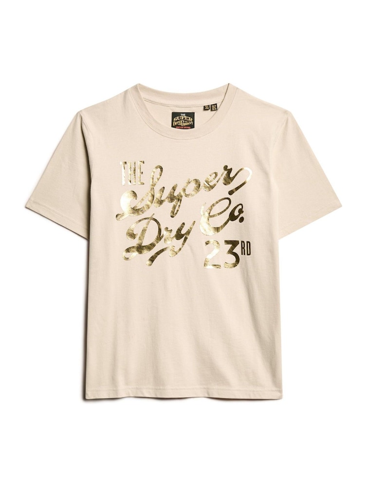 Superdry Off Grey 100% Cotton Luxe Metallic Logo Relaxed T-Shirt - Image 4 of 5