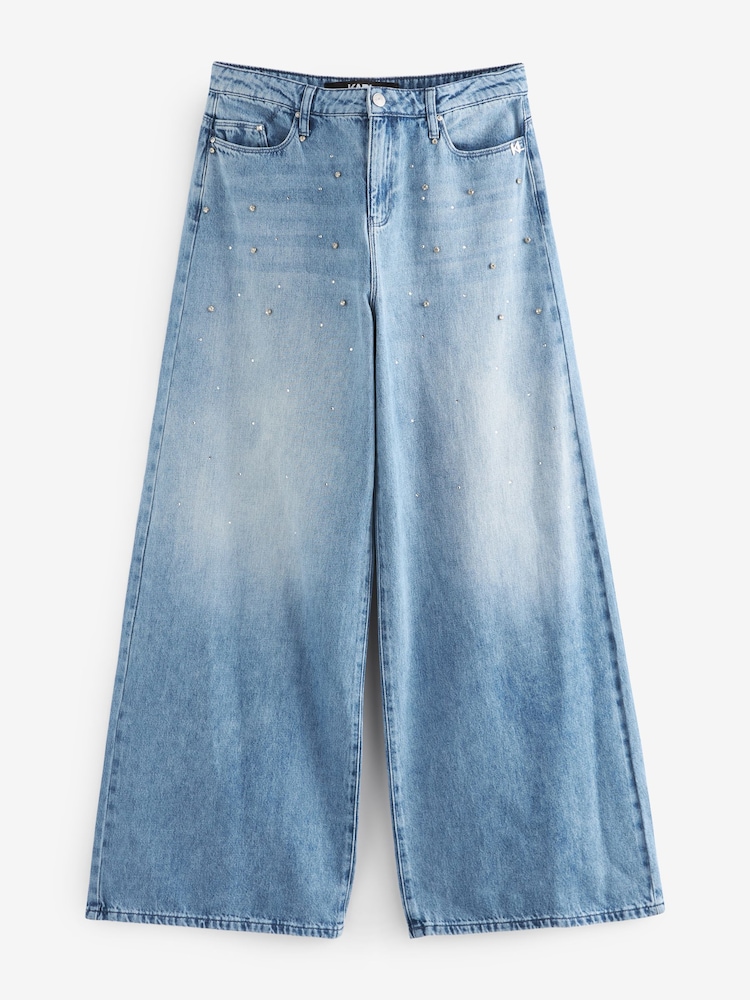 Karl Lagerfeld Blue Embellished Wide Leg Jeans - Image 6 of 8