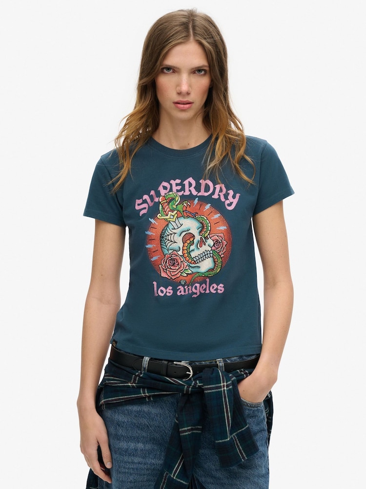 Superdry Ink 100% Cotton Tattoo Rhinestone Fitted T-Shirt - Image 1 of 5