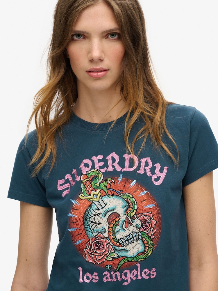 Superdry Ink 100% Cotton Tattoo Rhinestone Fitted T-Shirt - Image 3 of 5