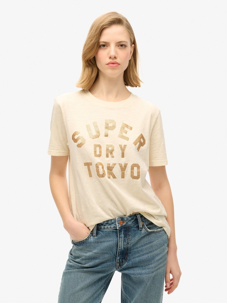Superdry Cream Slub Glitter Logo Relaxed T-Shirt - Image 1 of 6