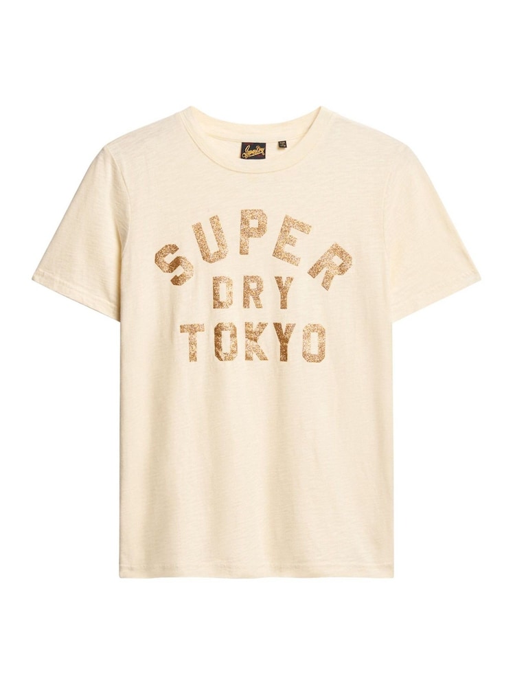 Superdry Cream Slub Glitter Logo Relaxed T-Shirt - Image 5 of 6