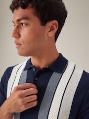 Navy Blue Regular Fit Knitted Stripe Cotton Textured 100% Cotton Polo Shirt - Image 1 of 8