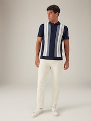Navy Blue Regular Fit Knitted Stripe Cotton Textured 100% Cotton Polo Shirt - Image 2 of 8