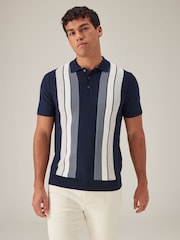 Navy Blue Regular Fit Knitted Stripe Cotton Textured 100% Cotton Polo Shirt - Image 3 of 8
