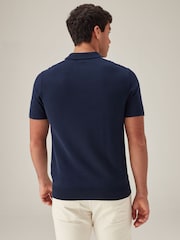 Navy Blue Regular Fit Knitted Stripe Cotton Textured 100% Cotton Polo Shirt - Image 4 of 8