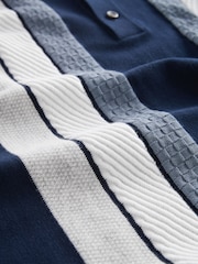 Navy Blue Regular Fit Knitted Stripe Cotton Textured 100% Cotton Polo Shirt - Image 8 of 8
