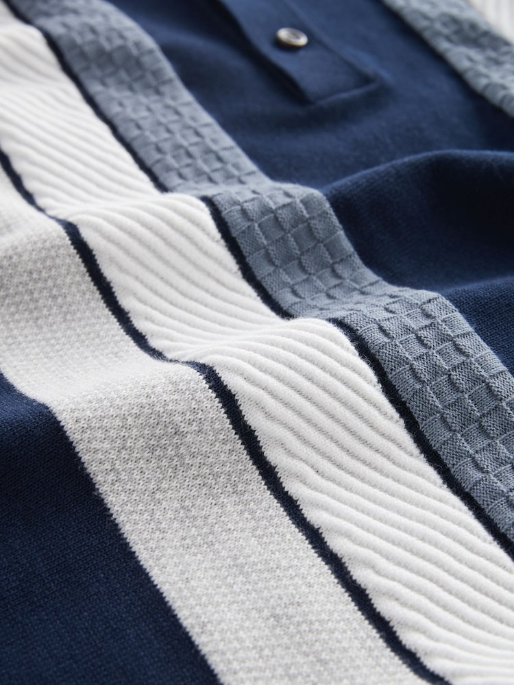 Navy Blue Regular Fit Knitted Stripe Cotton Textured 100% Cotton Polo Shirt - Image 8 of 8