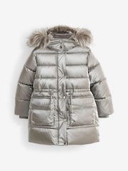 Silver Metallic Short Padded Faux Fur Trim Coat (3-16yrs) - Image 1 of 6