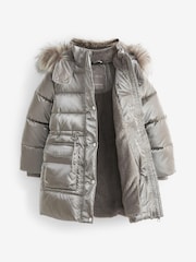 Silver Metallic Short Padded Faux Fur Trim Coat (3-16yrs) - Image 3 of 6