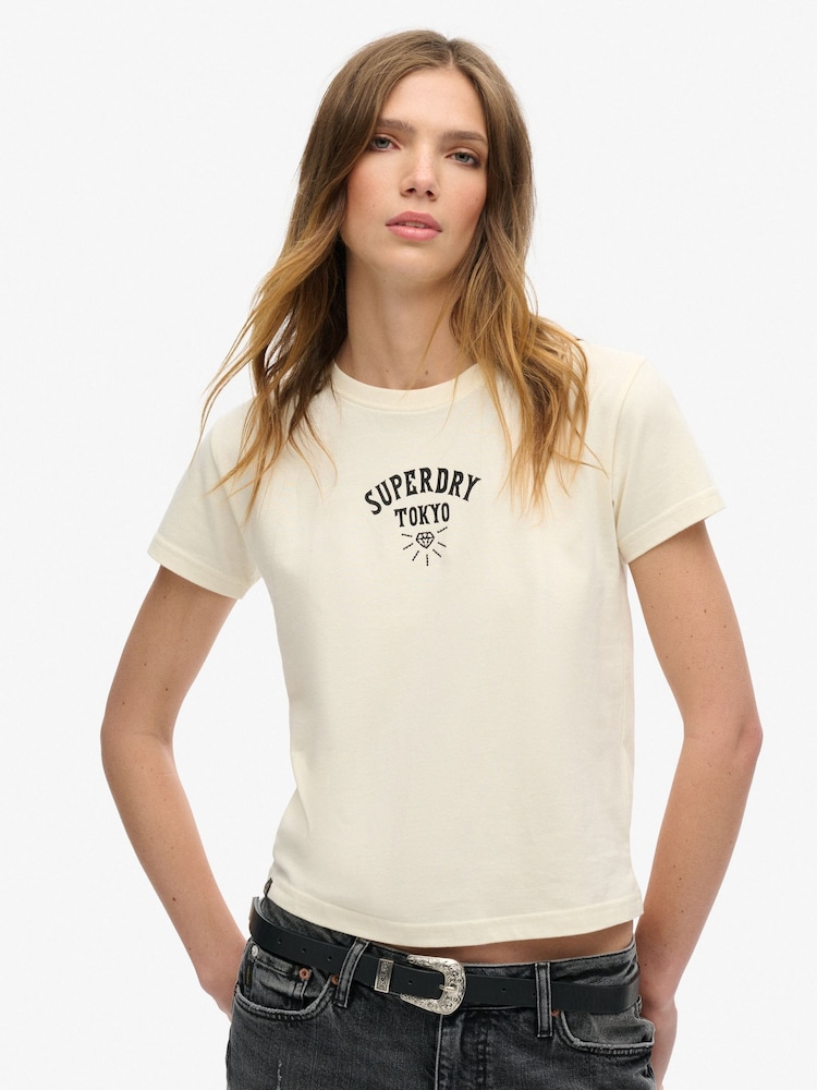 Superdry Rice White 100% Cotton Tattoo Rhinestone Fitted T-Shirt - Image 1 of 7