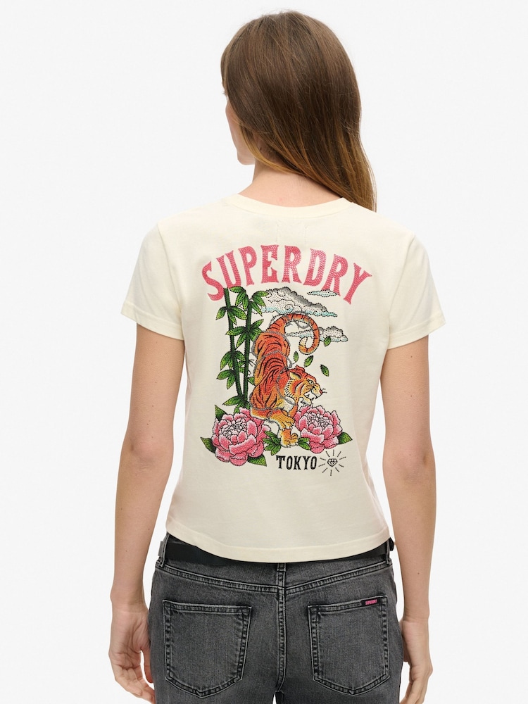 Superdry Rice White 100% Cotton Tattoo Rhinestone Fitted T-Shirt - Image 2 of 7