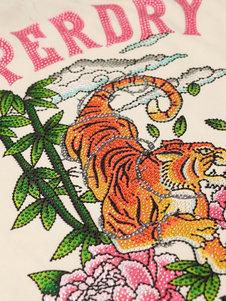 Superdry Rice White 100% Cotton Tattoo Rhinestone Fitted T-Shirt - Image 7 of 7