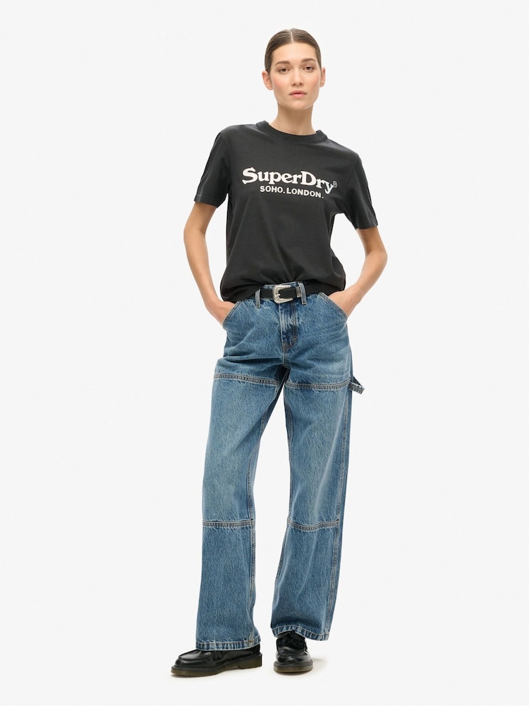 Superdry Jet Black Metallic Venue Relaxed 100% Cotton T-Shirt - Image 1 of 4 Superdry Jet Black Metallic Venue Relaxed 100% Cotton T-Shirt - Image 1 of 4