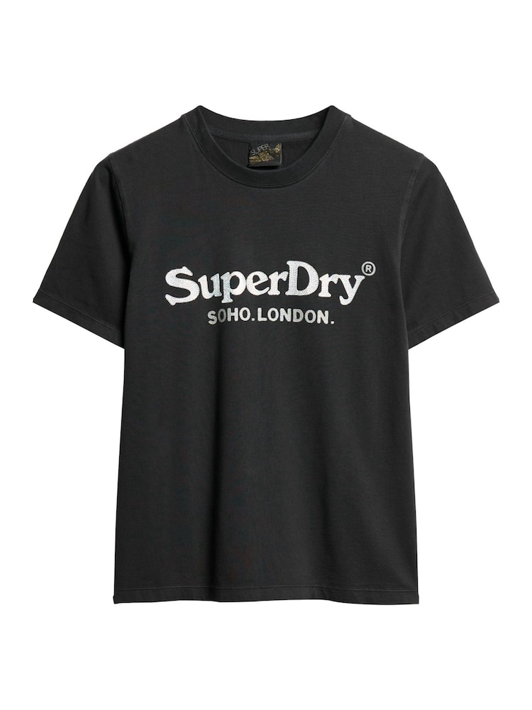 Superdry Jet Black Metallic Venue Relaxed 100% Cotton T-Shirt - Image 2 of 4 Superdry Jet Black Metallic Venue Relaxed 100% Cotton T-Shirt - Image 2 of 4