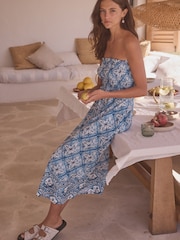 Blue/White Jersey 100% Cotton Textured Bandeau Midi Dress - Image 1 of 6