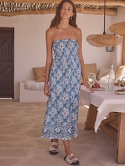 Blue/White Jersey 100% Cotton Textured Bandeau Midi Dress - Image 2 of 6
